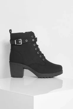 Chunky Boots|Biker Boots*boohoo Buckle Lace Up Chunky Hiker Boots black