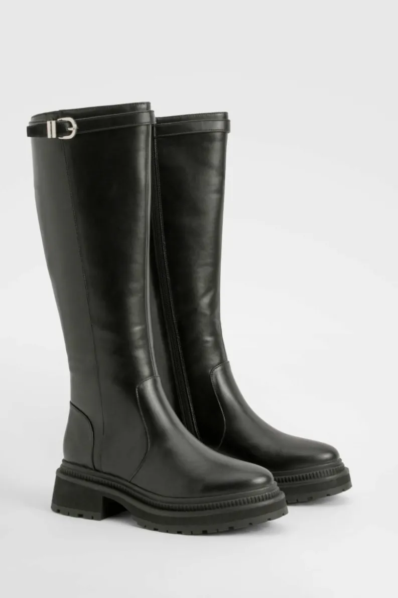 Over The Knee Boots|Knee High Boots*boohoo Buckle Strap Detail Chunky Knee High Boots black