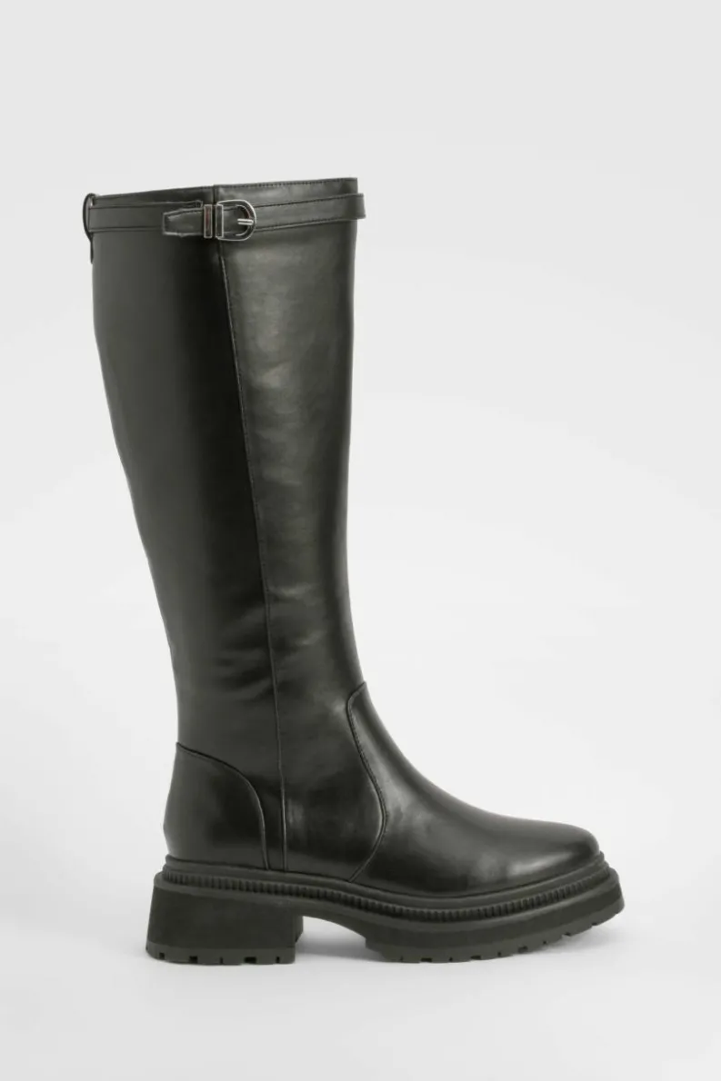 Over The Knee Boots|Knee High Boots*boohoo Buckle Strap Detail Chunky Knee High Boots black