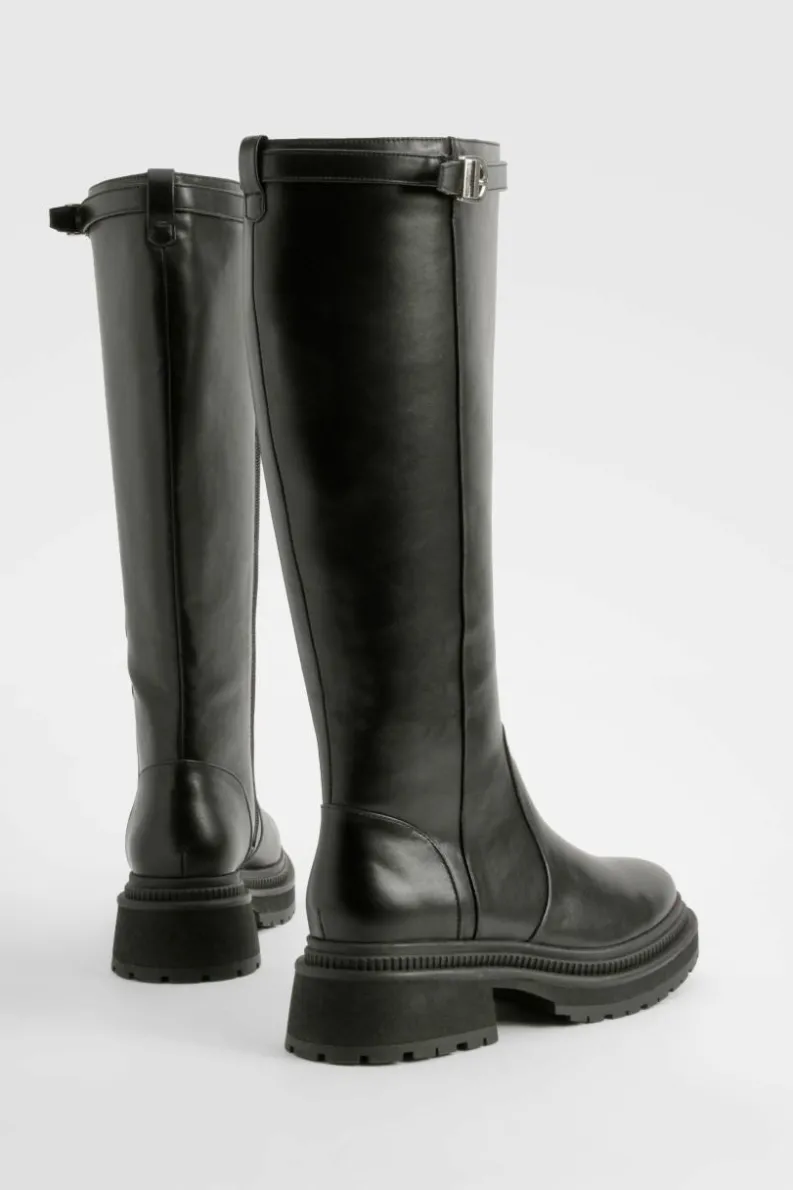 Over The Knee Boots|Knee High Boots*boohoo Buckle Strap Detail Chunky Knee High Boots black