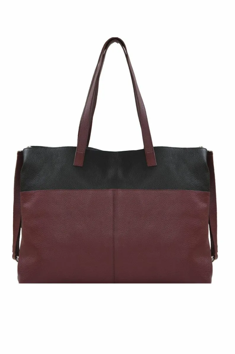 Shoulder Bags|Tote Bags*Sostter Bugundy and Black Colour Block Horizontal Leather Tote Burgundy
