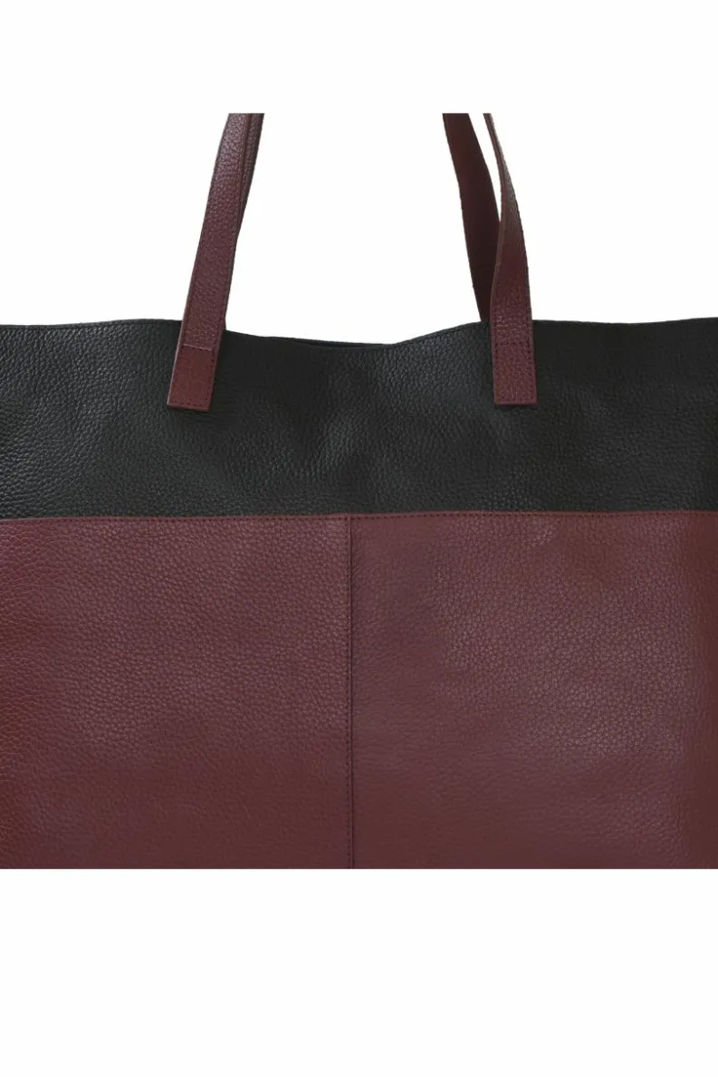 Shoulder Bags|Tote Bags*Sostter Bugundy and Black Colour Block Horizontal Leather Tote Burgundy