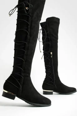 Over The Knee Boots|Knee High Boots*boohoo Bungee Lace Back Faux Suede Knee High Boots black