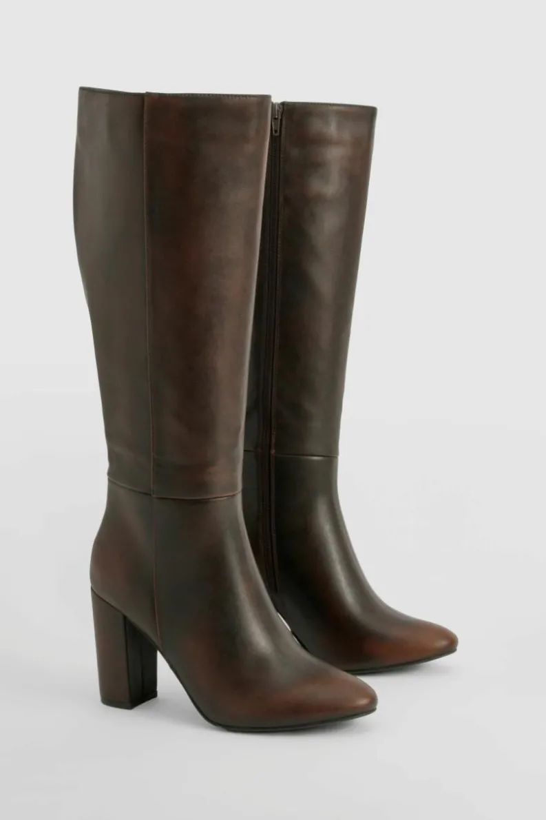 Heels|Over The Knee Boots*boohoo Burnished Knee High Block Heel Boots chocolate