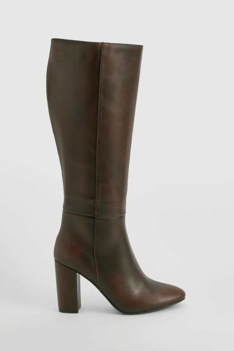 Heels|Over The Knee Boots*boohoo Burnished Knee High Block Heel Boots chocolate