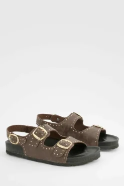 Sandals*boohoo Burnished Pu Studded Double Strap Dad Sandals chocolate