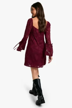 Mini Dresses*boohoo Burnout Floral Flare Sleeve Shift Dress merlot