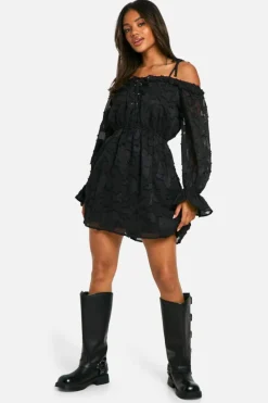 Skater Dresses*boohoo Burnout Floral Lace Up Front Mini Dress black