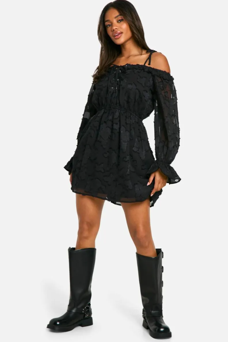 Skater Dresses*boohoo Burnout Floral Lace Up Front Mini Dress black