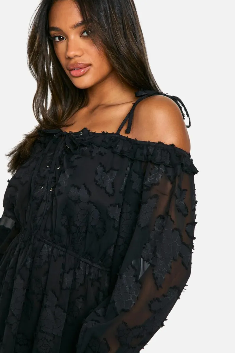 Skater Dresses*boohoo Burnout Floral Lace Up Front Mini Dress black
