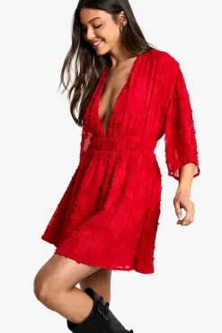 Skater Dresses|Long Sleeve Dresses*boohoo Burnout Floral Plunge Skater Dress red
