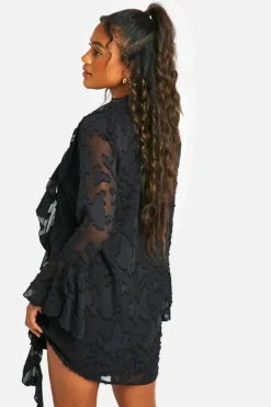 Mini Dresses|Long Sleeve Dresses*boohoo Burnout Floral Ruffle Shift Dress black