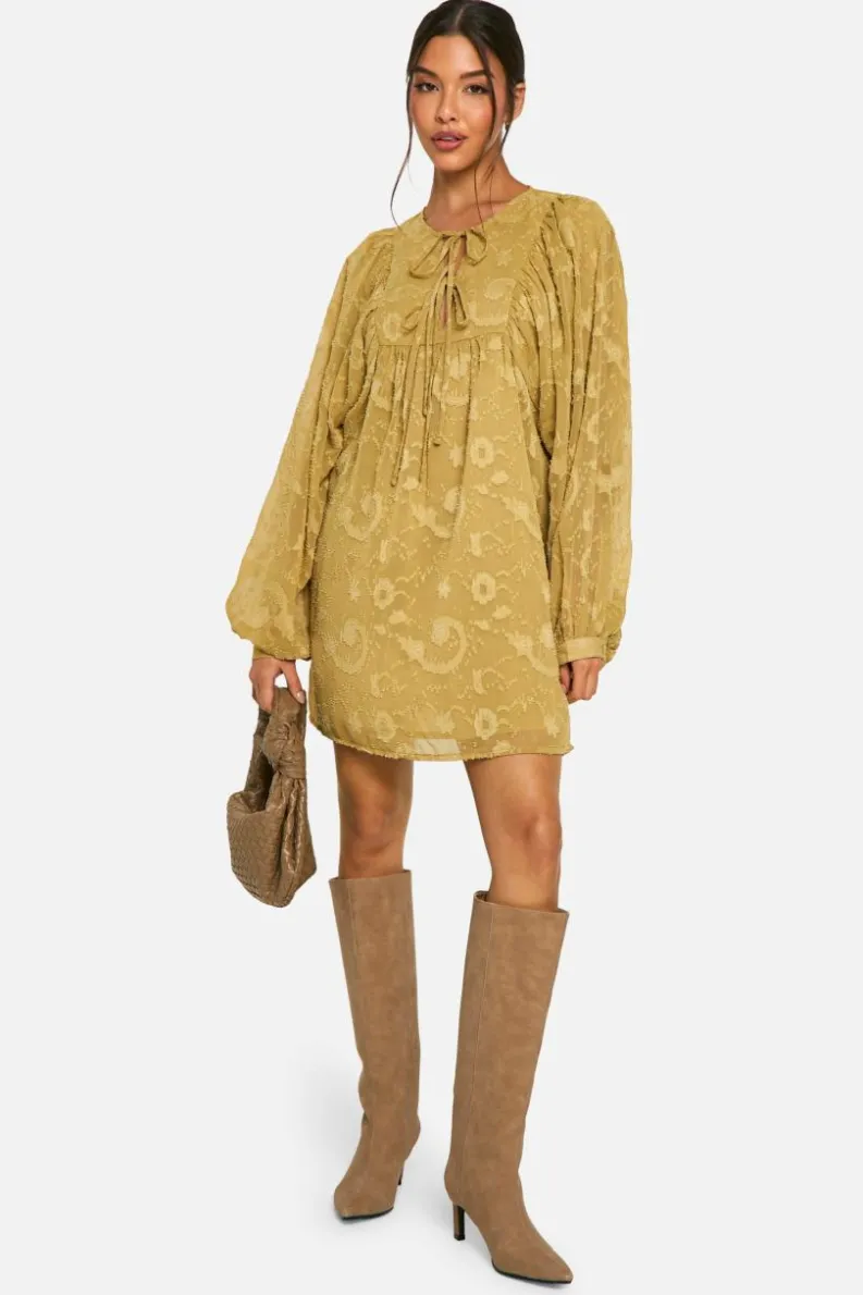 Smock Dresses*boohoo Burnout Paisley Tie Front Smock Dress khaki