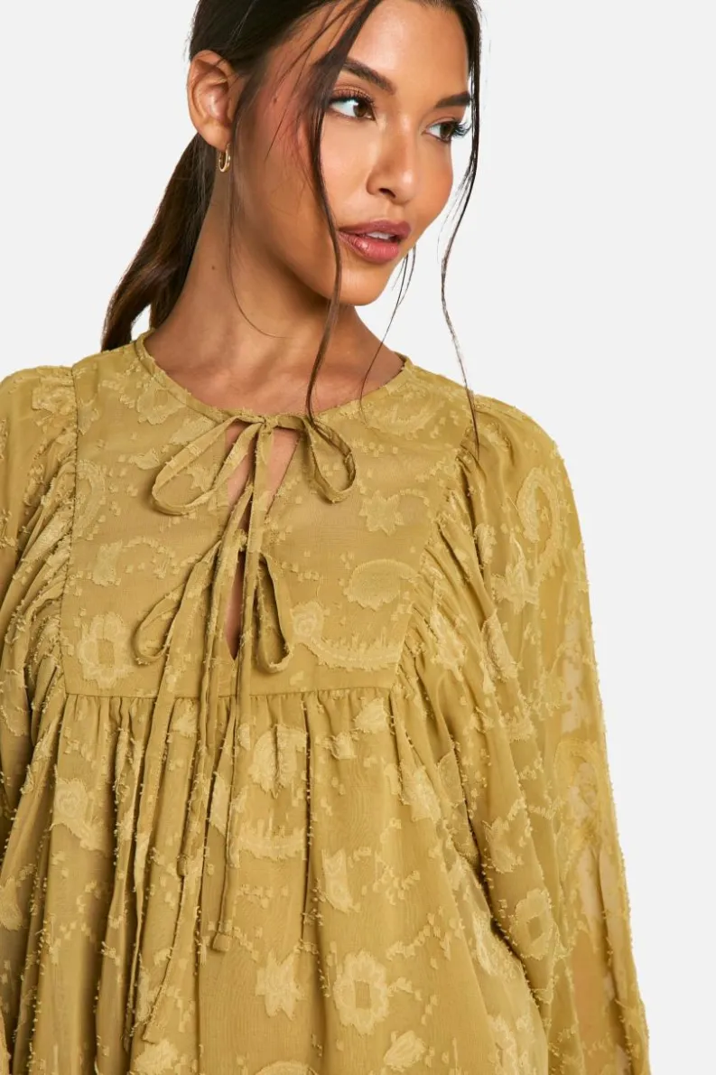 Smock Dresses*boohoo Burnout Paisley Tie Front Smock Dress khaki