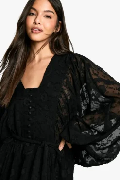 Skater Dresses|Mini Dresses*boohoo Burnout Paisley Tiered Belted Skater Dress black