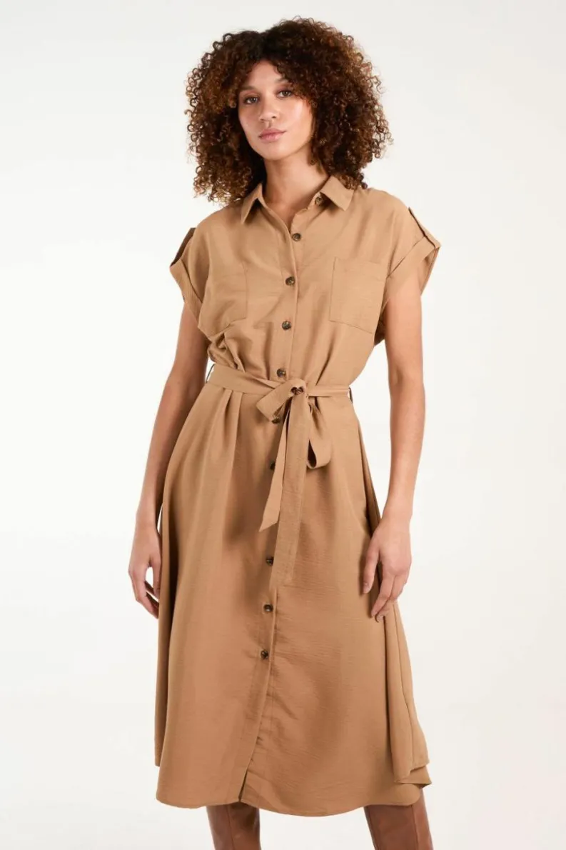 Shirt Dresses|Midi Dresses*Blue Vanilla Button Front Midi Utility Shirt Dress Tan
