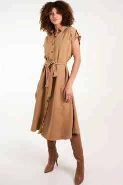 Shirt Dresses|Midi Dresses*Blue Vanilla Button Front Midi Utility Shirt Dress Tan