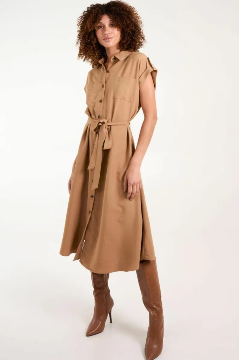 Shirt Dresses|Midi Dresses*Blue Vanilla Button Front Midi Utility Shirt Dress Tan