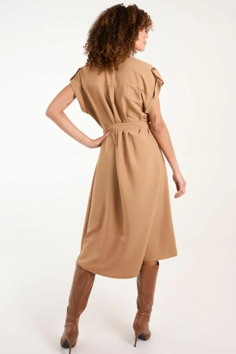 Shirt Dresses|Midi Dresses*Blue Vanilla Button Front Midi Utility Shirt Dress Tan