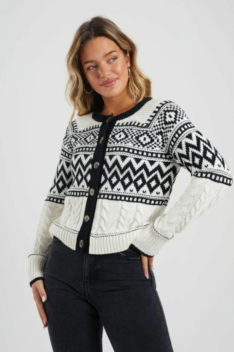 Cardigans*Brave Soul Button Through Fairisle Cable Knit Cardigan Cream