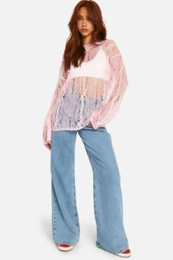 Oversized Jumpers|Jumpers*boohoo Cable Detail Sheer Oversized Jumper pink