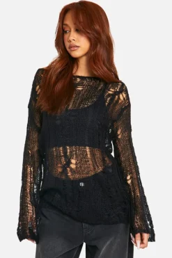 Oversized Jumpers*boohoo Cable Detail Sheer Oversized Jumper black