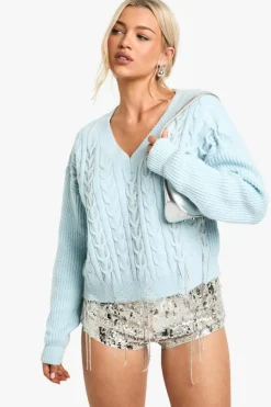 Jumpers|Up To 80% Off Winter Warmers*boohoo Cable Knit Chain Detail V Neck Jumper light blue