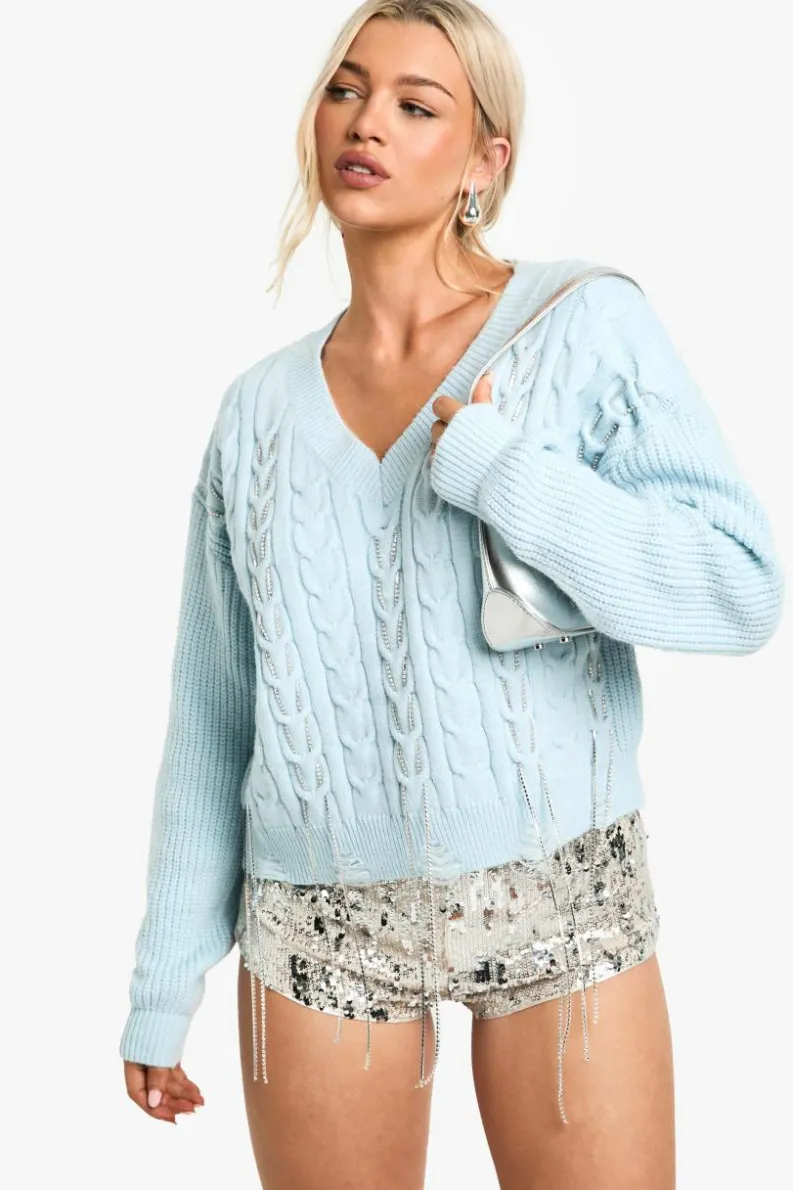 Jumpers|Up To 80% Off Winter Warmers*boohoo Cable Knit Chain Detail V Neck Jumper light blue