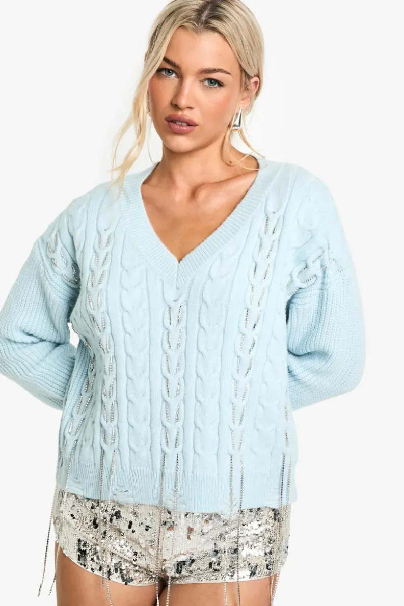 Jumpers|Up To 80% Off Winter Warmers*boohoo Cable Knit Chain Detail V Neck Jumper light blue