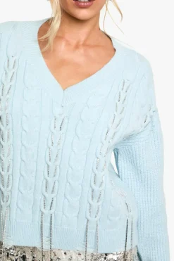 Jumpers|Up To 80% Off Winter Warmers*boohoo Cable Knit Chain Detail V Neck Jumper light blue