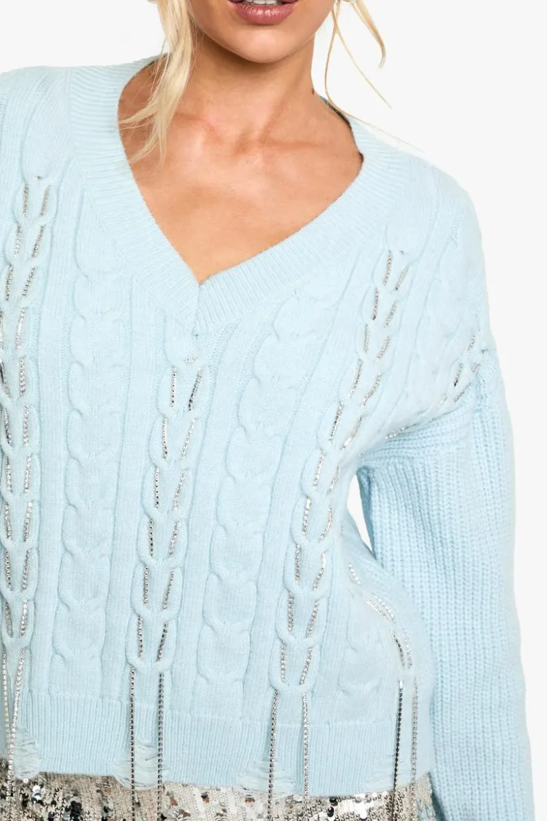 Jumpers|Up To 80% Off Winter Warmers*boohoo Cable Knit Chain Detail V Neck Jumper light blue