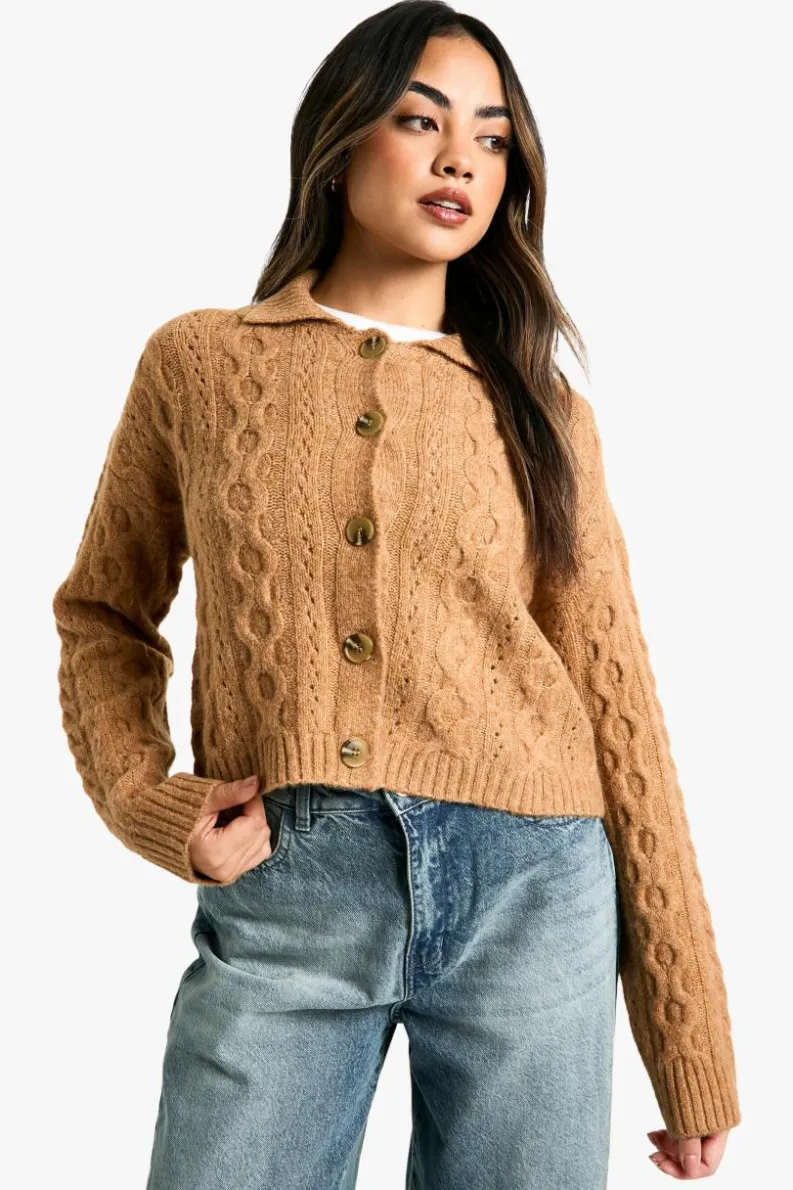 Cardigans|Up To 80% Off Winter Warmers*boohoo Cable Knit Collar Detail Cardigan camel