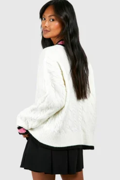 Jumpers|Knitwear*boohoo Cable Knit Cricket Jumper cream