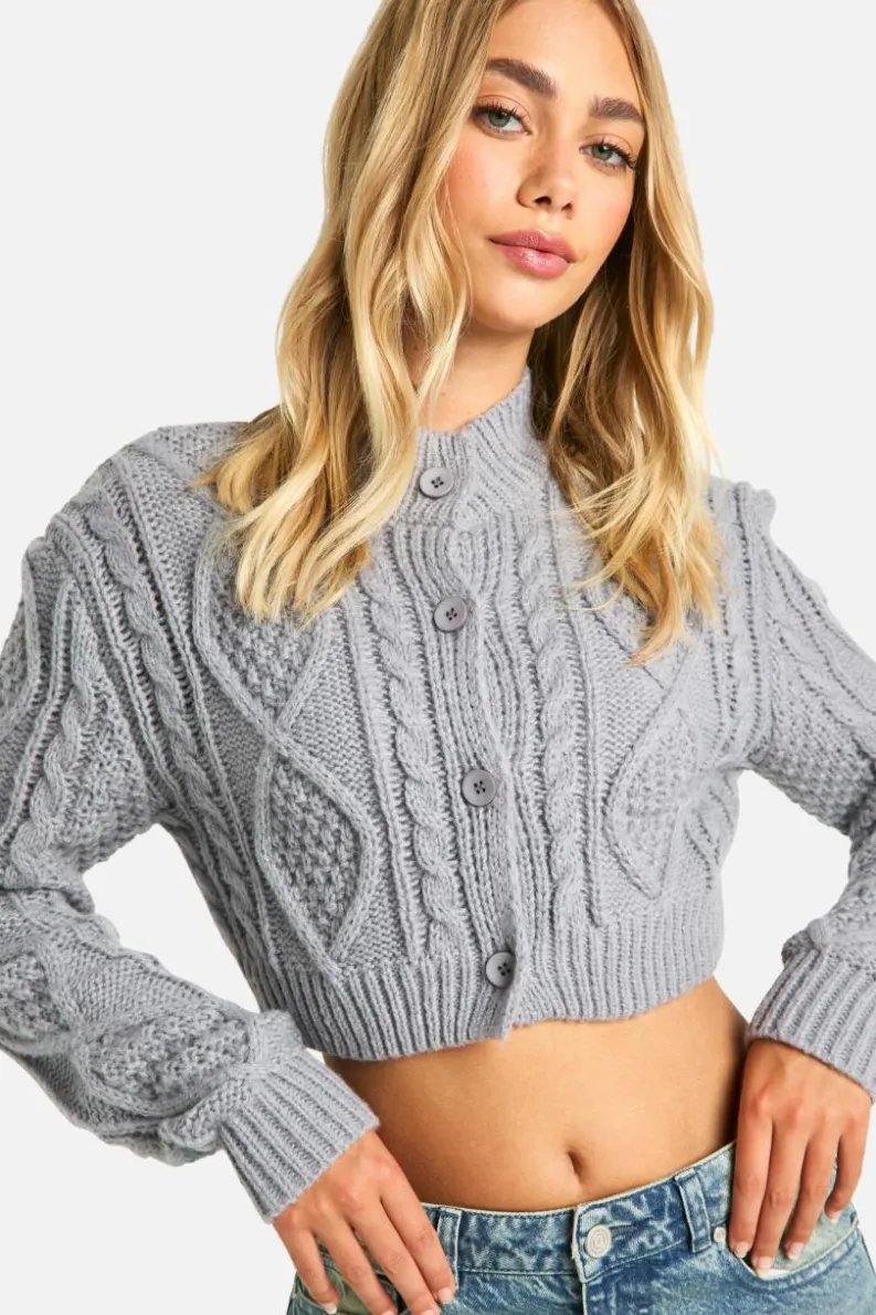 Cardigans*boohoo Cable Knit Cropped Cardigan grey marl