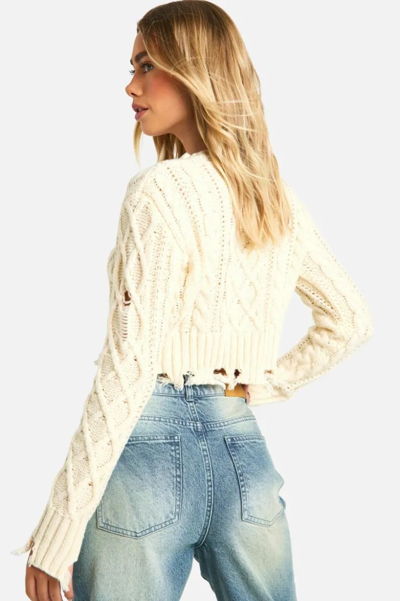 Cardigans|Jumpers*boohoo Cable Knit Distressed Hem Jumper cream