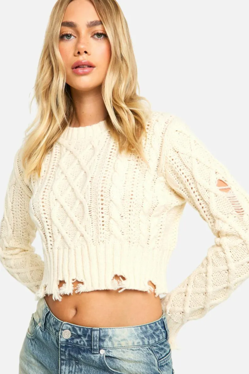 Cardigans|Jumpers*boohoo Cable Knit Distressed Hem Jumper cream