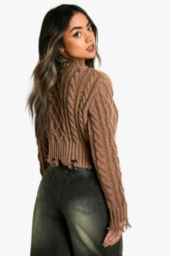 Cardigans|Jumpers*boohoo Cable Knit Distressed Hem Jumper mocha