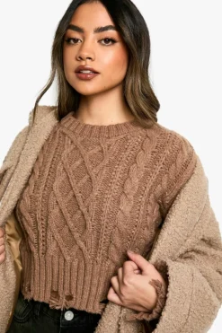 Cardigans|Jumpers*boohoo Cable Knit Distressed Hem Jumper mocha