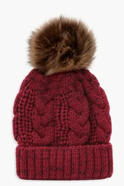 Hats & Gloves|Hats & Gloves*boohoo Cable Knit Faux Fur Pom Beanie red