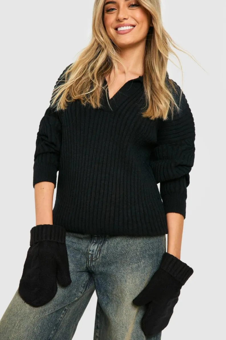 Hats & Gloves|Hats & Gloves*boohoo Cable Knit Mitten Gloves black