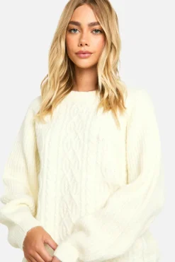 Oversized Jumpers|Jumpers*boohoo Cable Knit Oversized Crew Neck Jumper cream