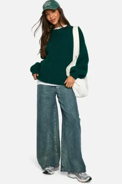 Oversized Jumpers|Jumpers*boohoo Cable Knit Oversized Crew Neck Jumper bottle green
