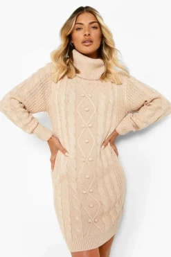 Jumper Dresses|Jumper Dresses*boohoo Cable Knit Roll Neck Jumper Dress biscuit
