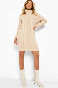Jumper Dresses|Jumper Dresses*boohoo Cable Knit Roll Neck Jumper Dress biscuit