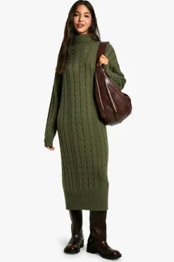 Midi Dresses|Knitwear*boohoo Cable Knit Roll Neck Midi Dress olive