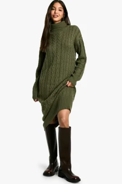 Midi Dresses|Knitwear*boohoo Cable Knit Roll Neck Midi Dress olive