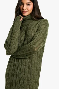 Midi Dresses|Knitwear*boohoo Cable Knit Roll Neck Midi Dress olive
