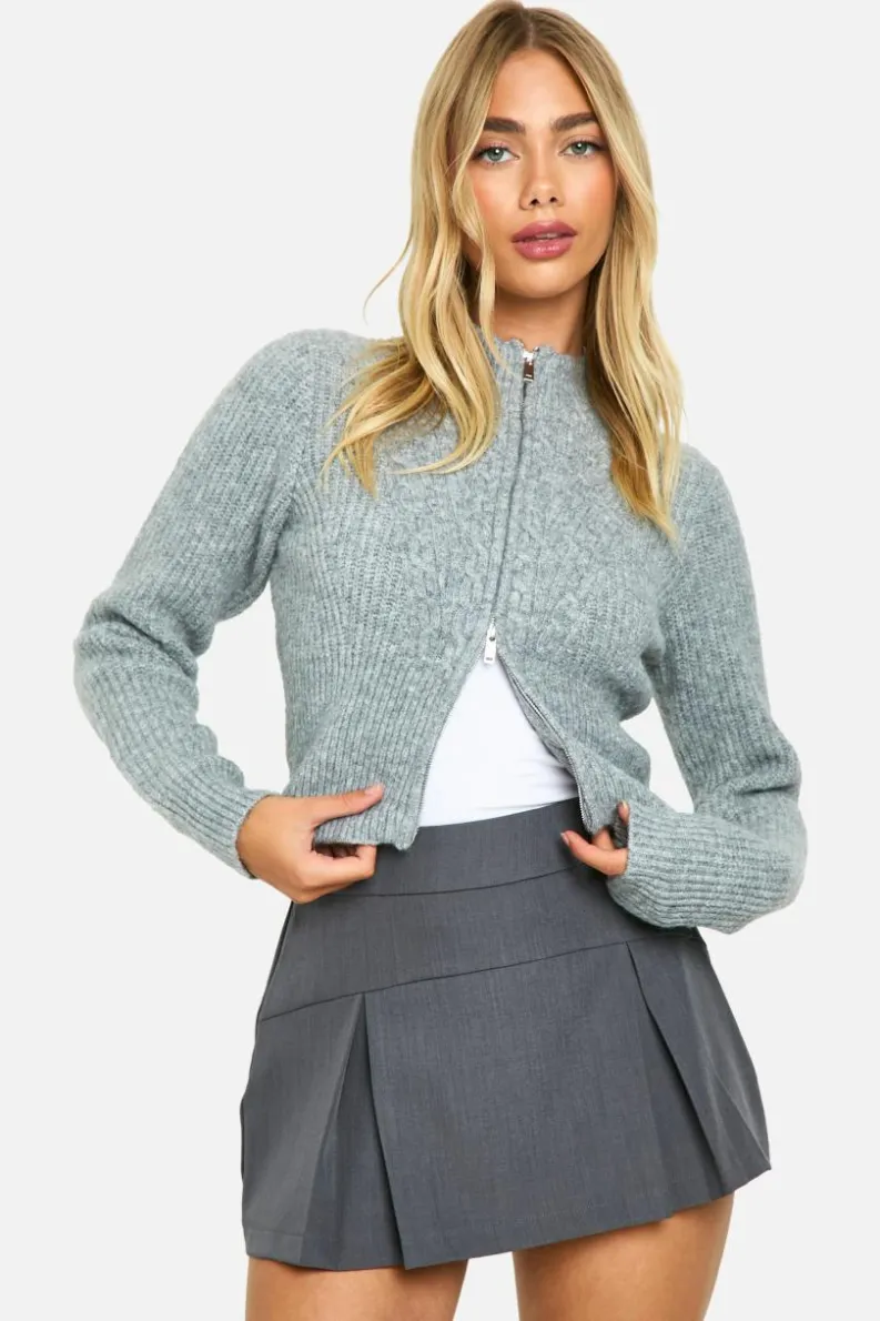 Cardigans*boohoo Cable Knit Zip Up Fitted Cardigan grey marl