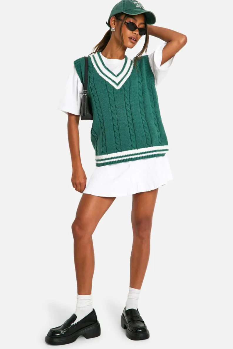 Knitted Tops*boohoo Cable Knitted Contrast Detail V Neck Vest green