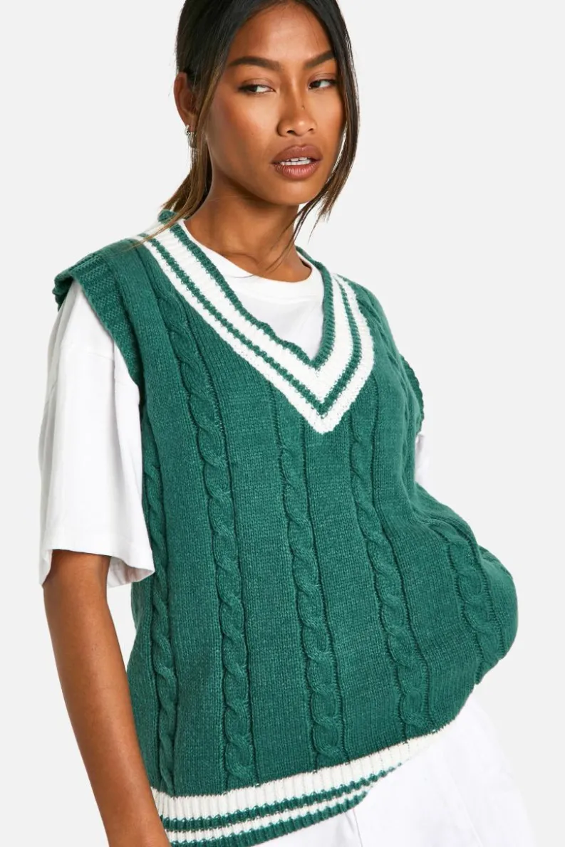 Knitted Tops*boohoo Cable Knitted Contrast Detail V Neck Vest green
